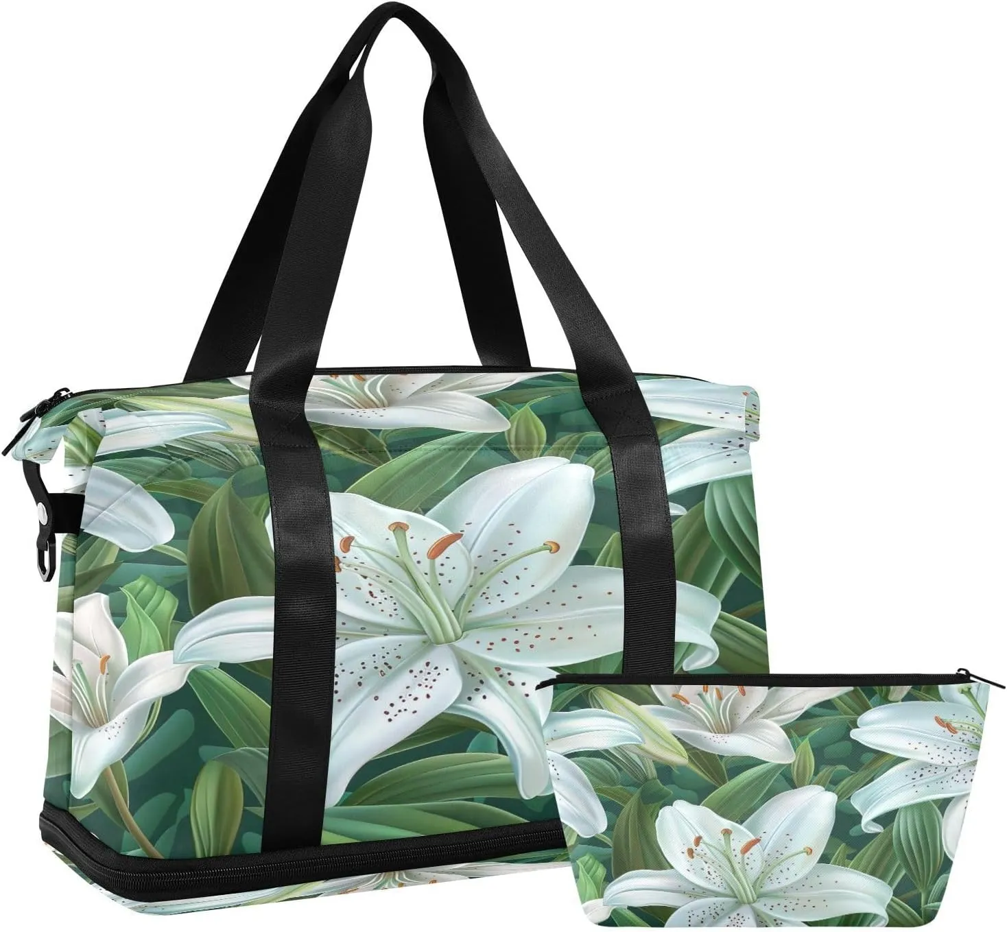 White Lilies Duffel Bag Lightweight Carry On Gym Bags for Travel and Weekends, Versatile Overnight Bag with Shoe Compartment