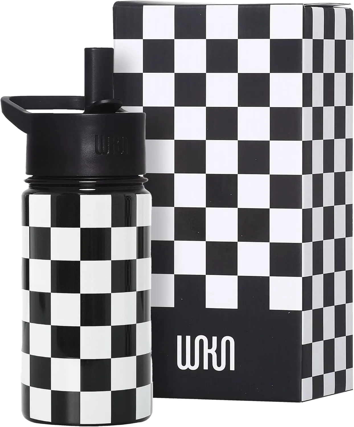 Wildkin Kids 14oz Stainless Steel Water Bottle – BPA-Free, Leakproof, Insulated, Easy-Clean - Black and White Checkered