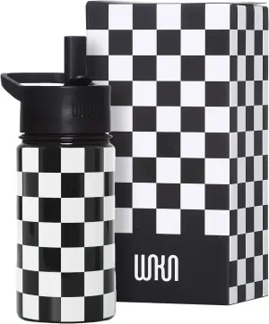 Wildkin Kids 14oz Stainless Steel Water Bottle – BPA-Free, Leakproof, Insulated, Easy-Clean - Black and White Checkered