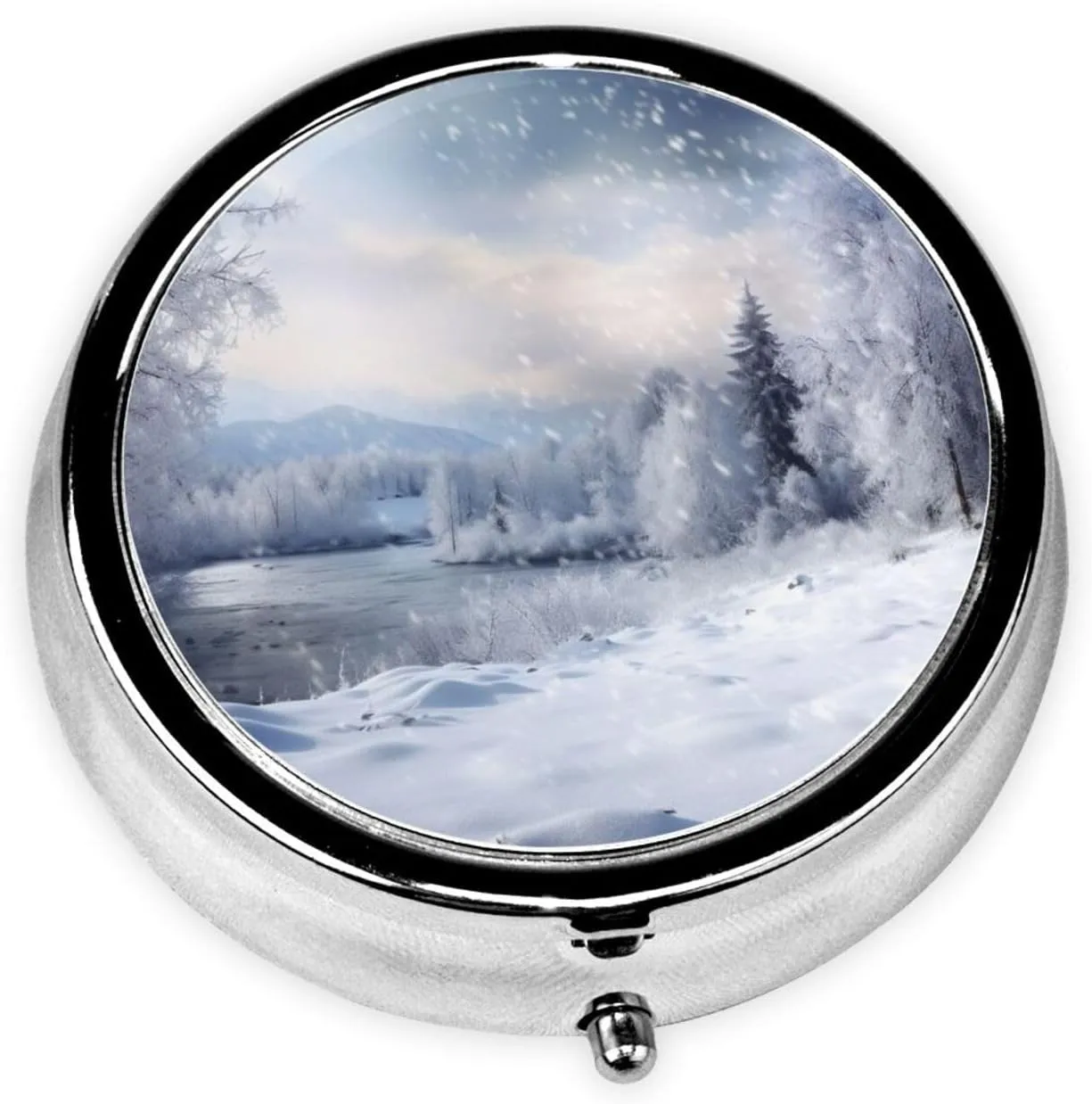 Winter Landscape Pill Box Round Pill Case for Pocket Purse 3 Compartment Medicine Pill Organizer Cute Portable Travel Pillbox Vitamin Cod Liver Oil Storage Box Unique Gift Organizer