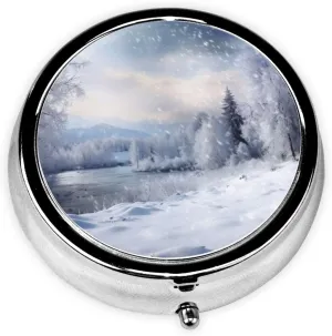 Winter Landscape Pill Box Round Pill Case for Pocket Purse 3 Compartment Medicine Pill Organizer Cute Portable Travel Pillbox Vitamin Cod Liver Oil Storage Box Unique Gift Organizer