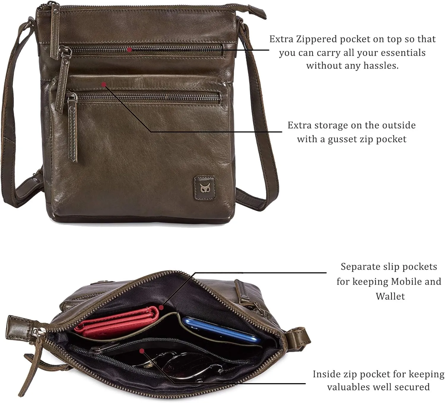 Wise Owl Accessories Small Crossbody Bags for Women Real Leather Purse Handbags Crossover Over the Shoulder Pocketbook