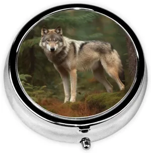 Wolf in The Forest Pill Box Round Pill Case for Pocket Purse 3 Compartment Medicine Pill Organizer Cute Portable Travel Pillbox Vitamin Cod Liver Oil Storage Box Unique Gift Organizer