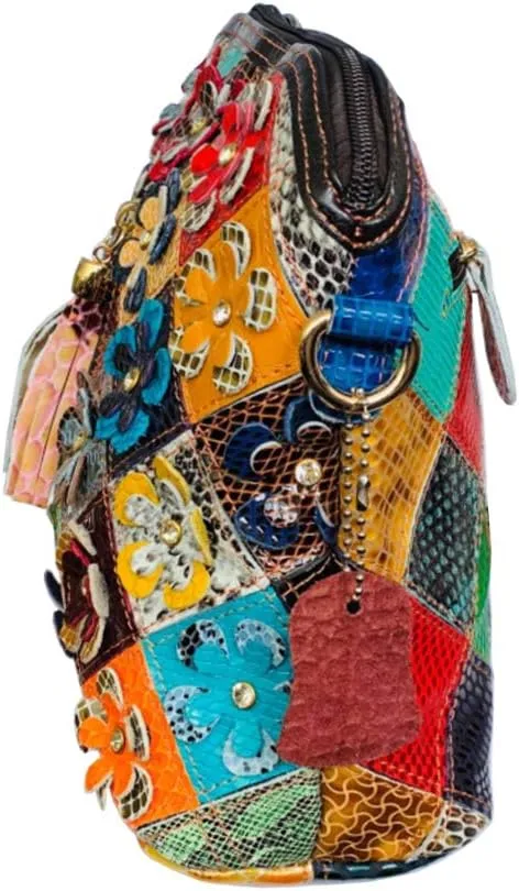 Women 3D Floral Multicolor Small Crossbody Bag Genuine Leather Handbag Snake Pattern Colorful Spliced Shoulder Purse