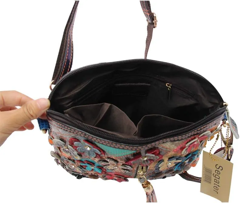 Women 3D Floral Multicolor Small Crossbody Bag Genuine Leather Handbag Snake Pattern Colorful Spliced Shoulder Purse