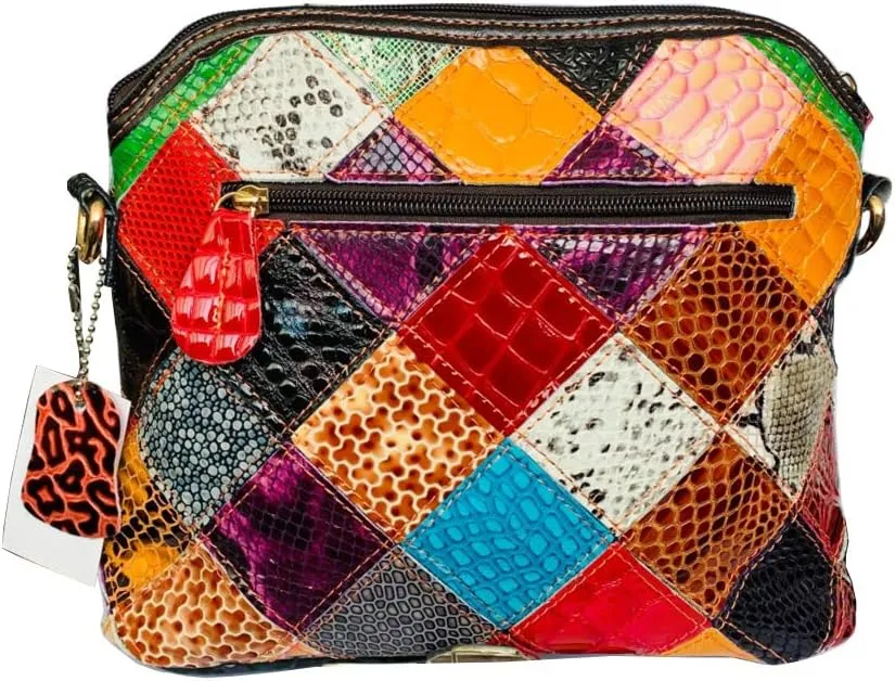 Women 3D Floral Multicolor Small Crossbody Bag Genuine Leather Handbag Snake Pattern Colorful Spliced Shoulder Purse