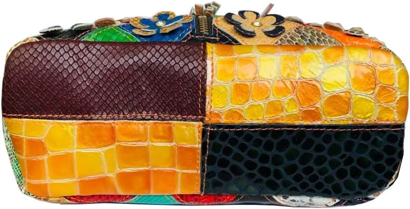 Women 3D Floral Multicolor Small Crossbody Bag Genuine Leather Handbag Snake Pattern Colorful Spliced Shoulder Purse