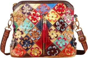 Women 3D Floral Multicolor Small Crossbody Bag Genuine Leather Handbag Snake Pattern Colorful Spliced Shoulder Purse