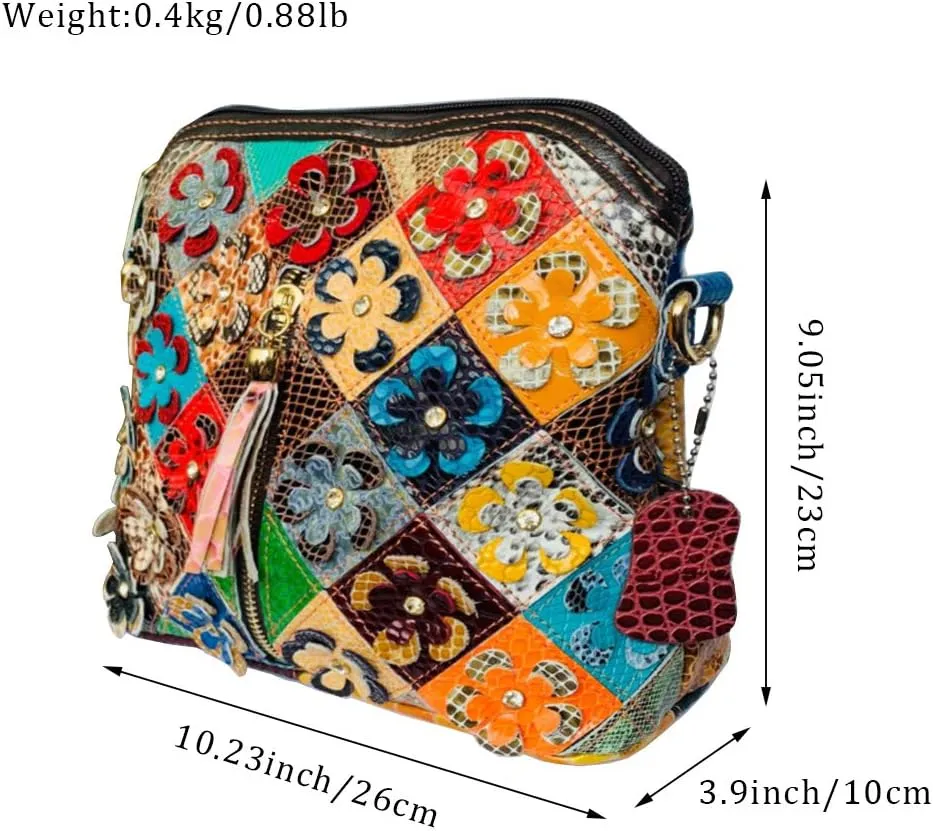 Women 3D Floral Multicolor Small Crossbody Bag Genuine Leather Handbag Snake Pattern Colorful Spliced Shoulder Purse
