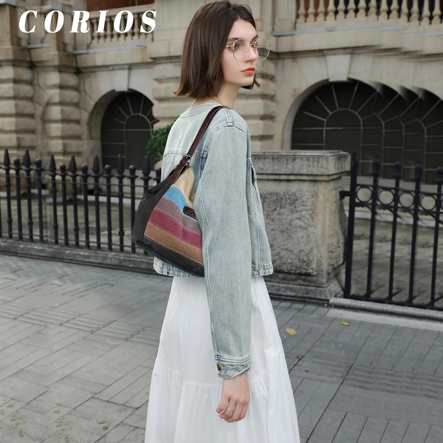 Women Canvas Shoulder Bag Multi-Colour Striped Handbag Large Capacity Top Handle Bag Casual Hobo Bag Tote Bag