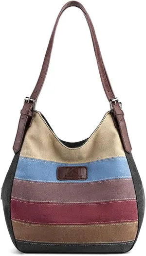 Women Canvas Shoulder Bag Multi-Colour Striped Handbag Large Capacity Top Handle Bag Casual Hobo Bag Tote Bag