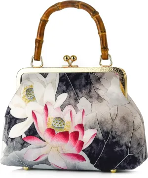Women Chinese Vintage Evening Purse Floral Kiss Lock Top Handle Handbag with Shoulder Chain Strap For Wedding Party