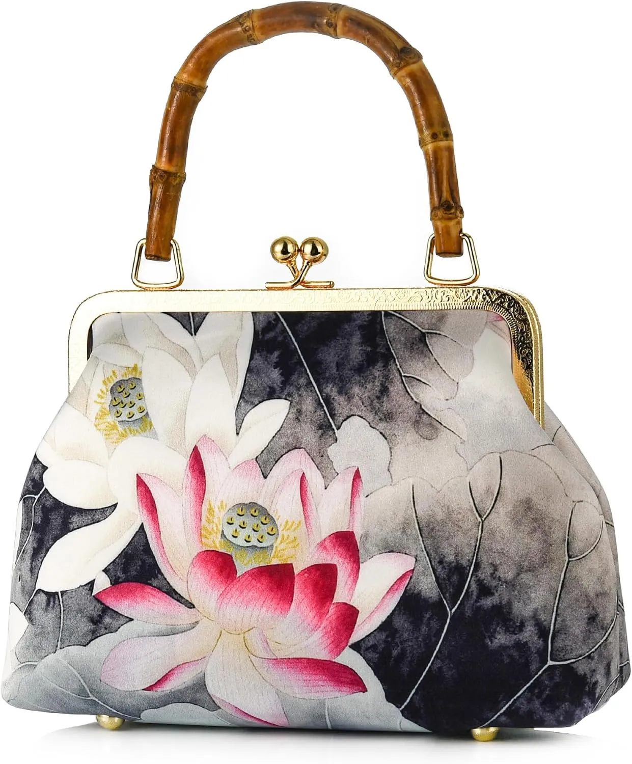 Women Chinese Vintage Evening Purse Floral Kiss Lock Top Handle Handbag with Shoulder Chain Strap For Wedding Party
