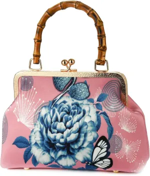 Women Chinese Vintage Evening Purse Floral Kiss Lock Top Handle Handbag with Shoulder Chain Strap For Wedding Party