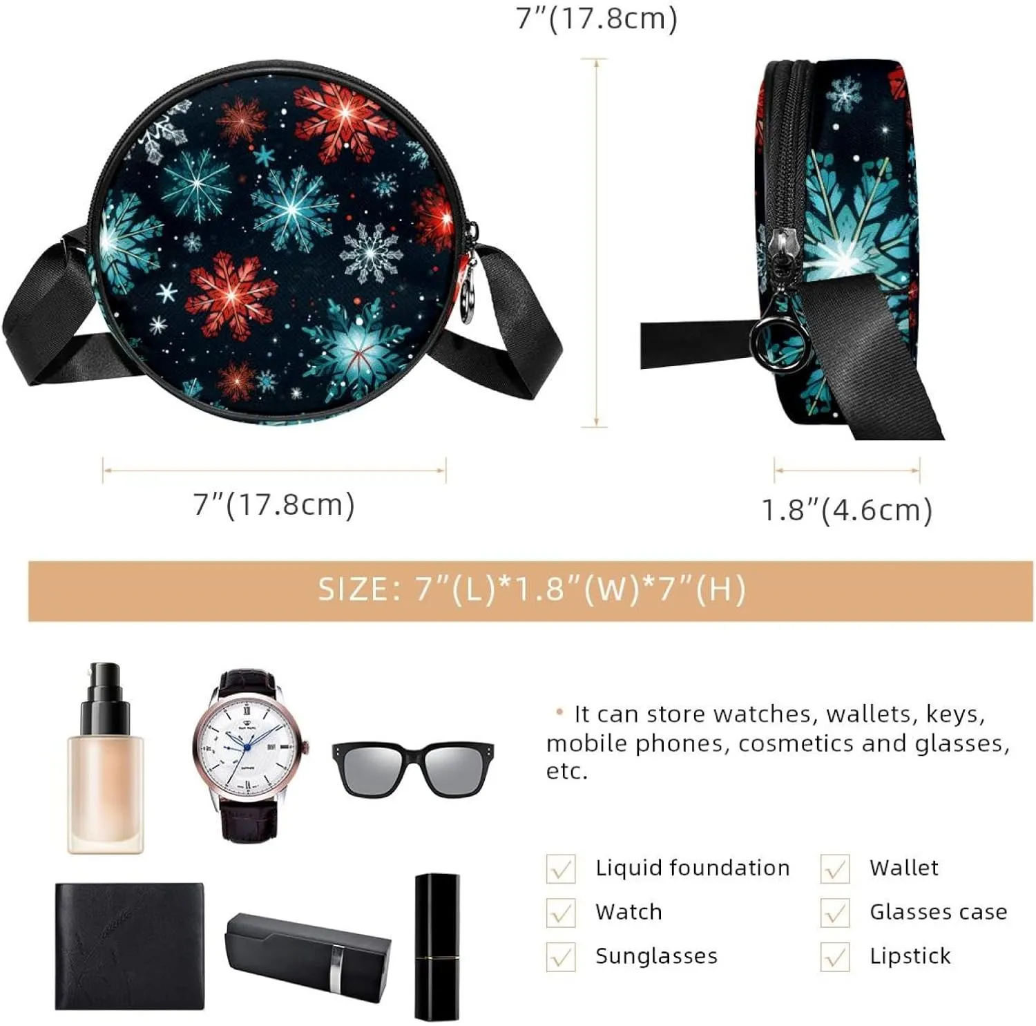 Women Fashionable Crossbody Bag – Versatile Round Bag for Every Occasion, Christmas Snowflake print