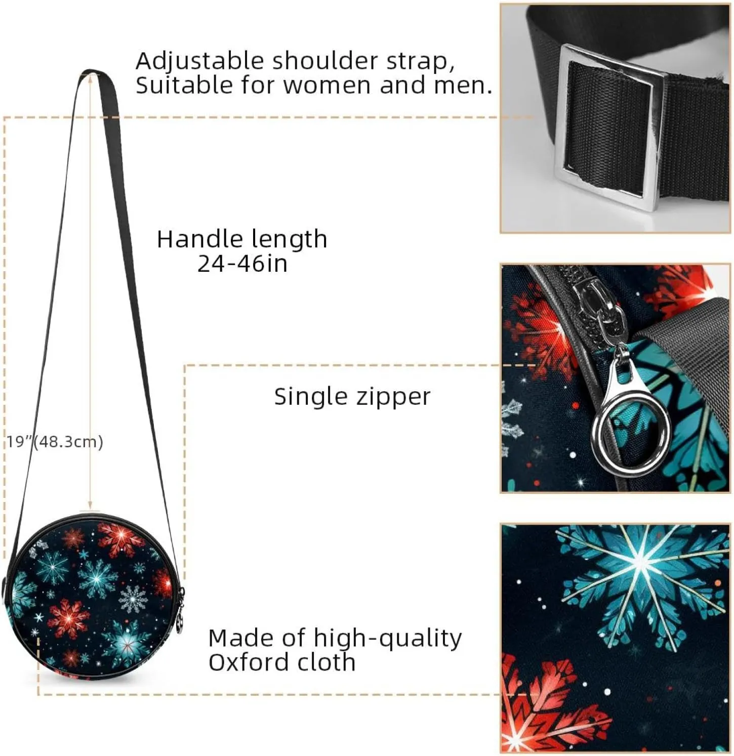 Women Fashionable Crossbody Bag – Versatile Round Bag for Every Occasion, Christmas Snowflake print