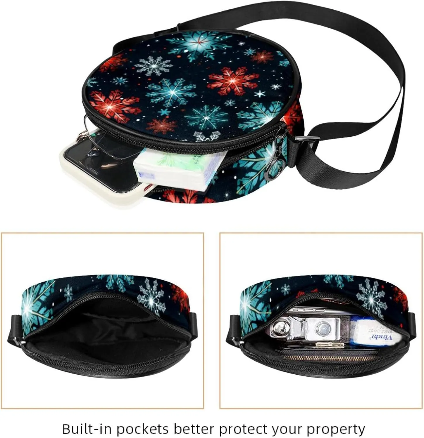 Women Fashionable Crossbody Bag – Versatile Round Bag for Every Occasion, Christmas Snowflake print