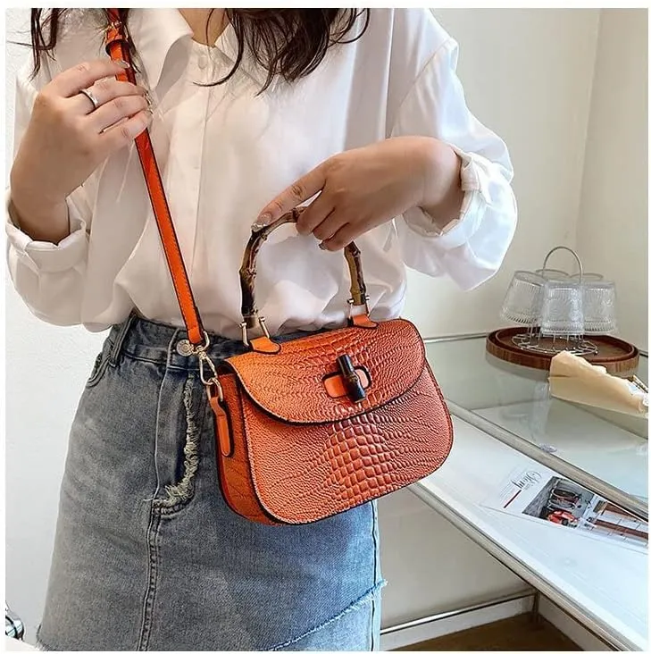Women Handbag artificial leather Bamboo Top handle Crossbody bag Elegant Purse Evening bag Gift for Women Handmade