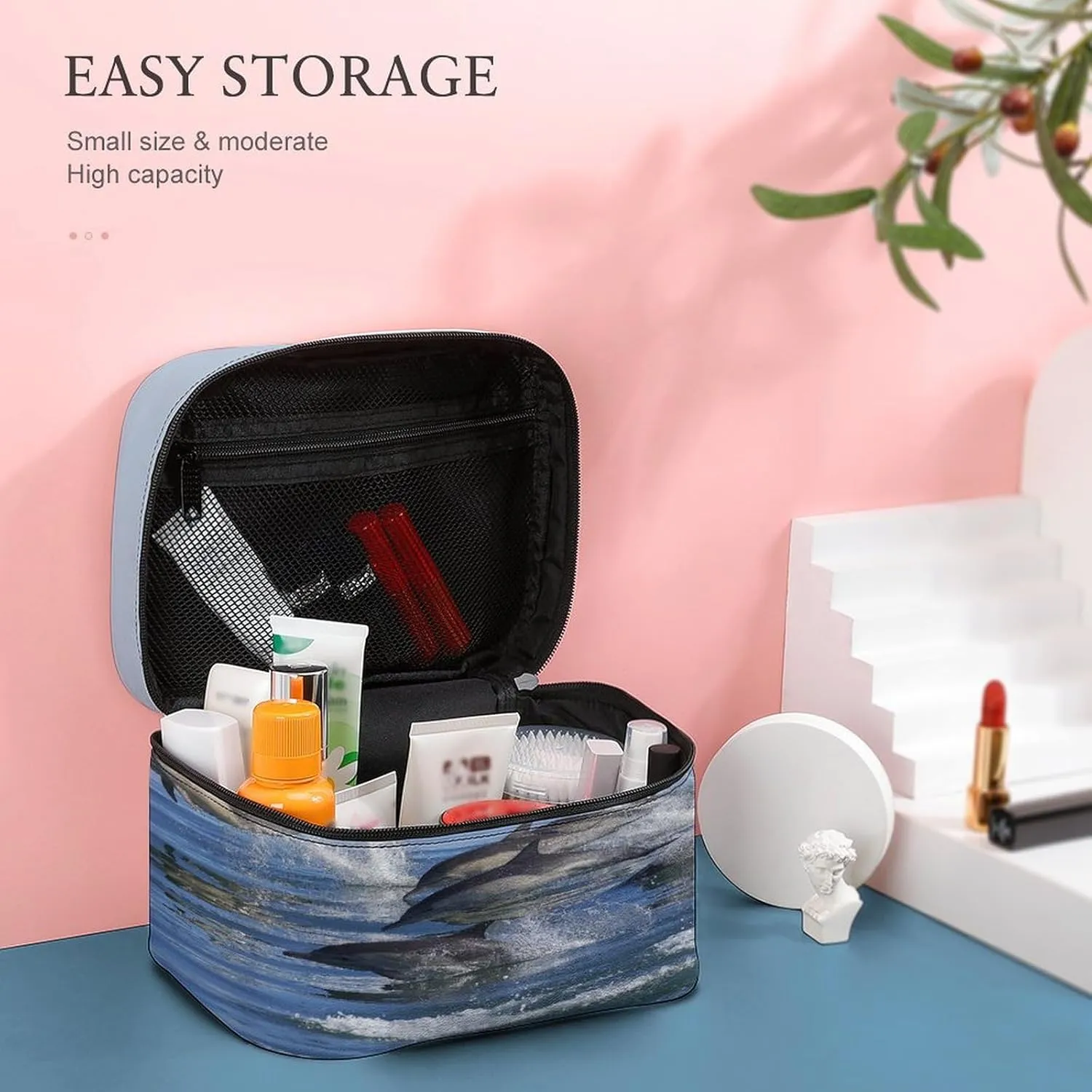 Women Leather Cosmetic Bag, Zipper Makeup Case Purse Holder Pouch Handbag