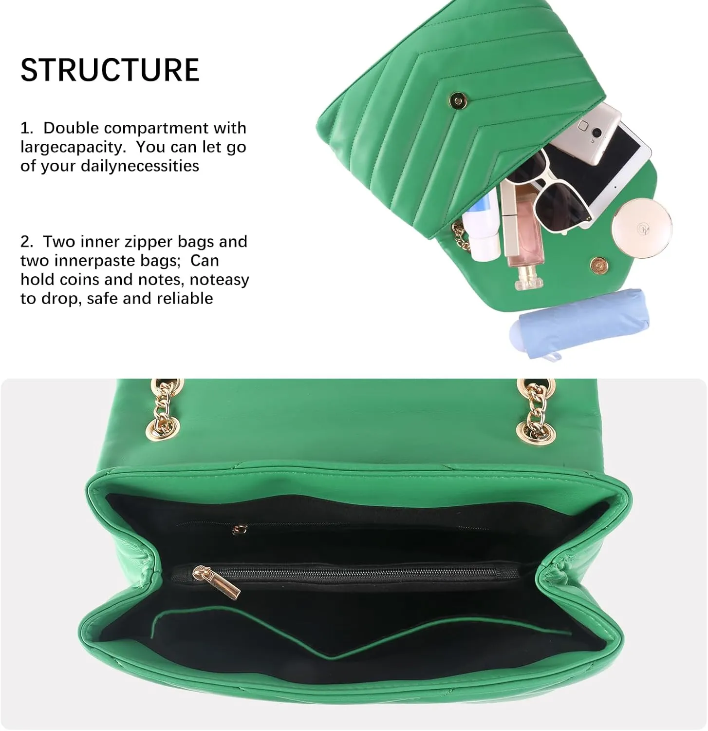 Women Shoulder Bag, Fashionable Quilted Vegan leather Crossbody Purses with Adjustable Chain Designer Purses