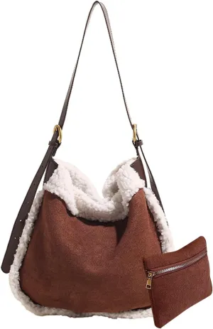 Women Suede Tote Bag Shoulder Bag with Lamb Wool Vintage Crossbody Bag Soft Plush Top Handle Bag Large Handbag