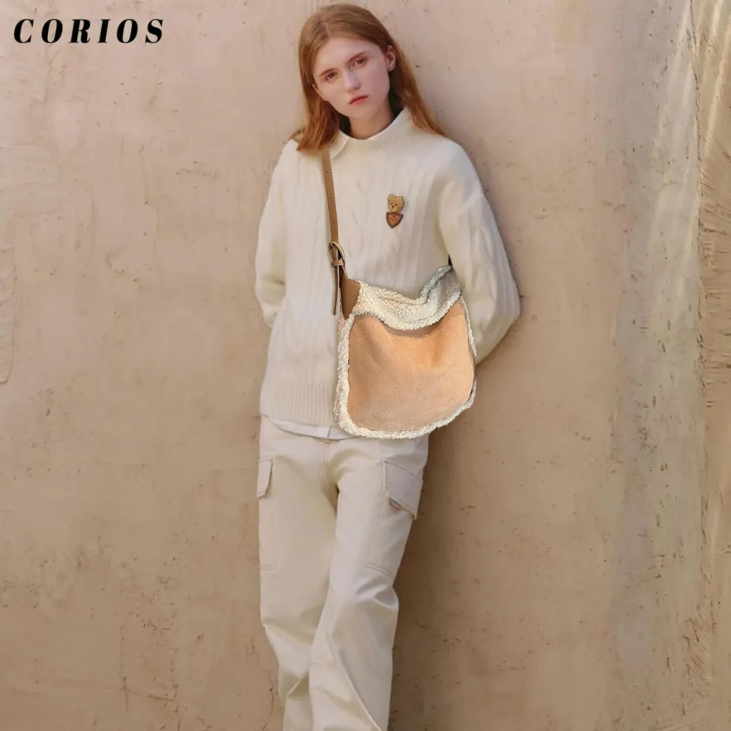 Women Suede Tote Bag Shoulder Bag with Lamb Wool Vintage Crossbody Bag Soft Plush Top Handle Bag Large Handbag