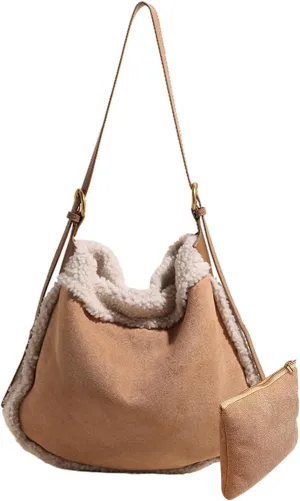 Women Suede Tote Bag Shoulder Bag with Lamb Wool Vintage Crossbody Bag Soft Plush Top Handle Bag Large Handbag