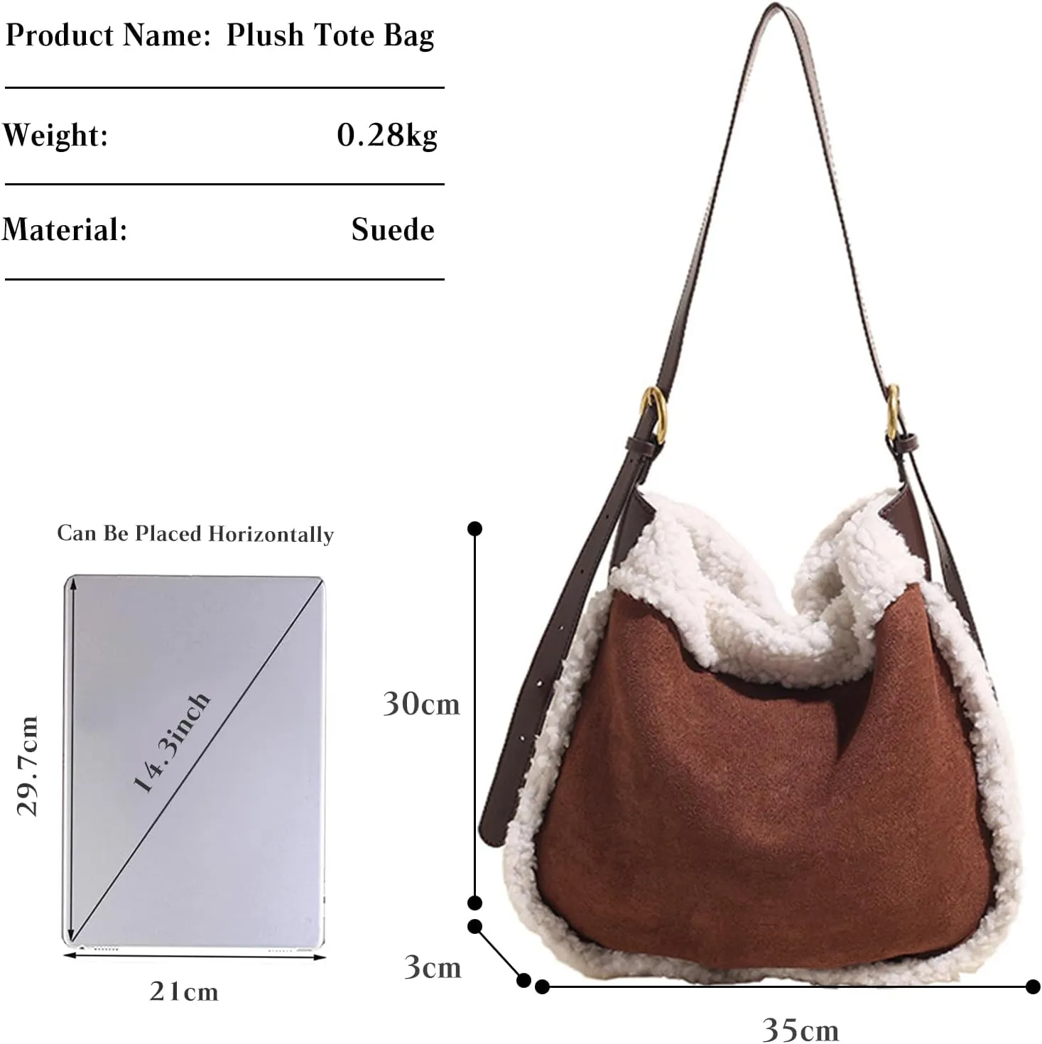 Women Suede Tote Bag Shoulder Bag with Lamb Wool Vintage Crossbody Bag Soft Plush Top Handle Bag Large Handbag