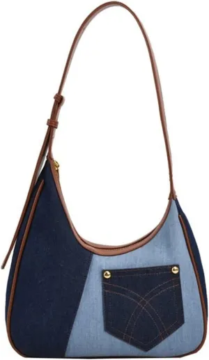 Women Vintage k Denims Patchwork Underarm Bag Fashion French Shoulder Handbag Adjusted Crossbody Armpit Purse
