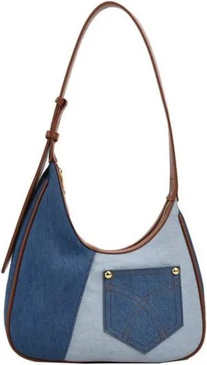 Women Vintage k Denims Patchwork Underarm Bag Fashion French Shoulder Handbag Adjusted Crossbody Armpit Purse