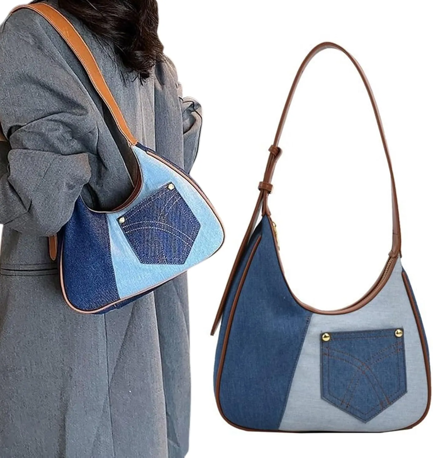 Women Vintage k Denims Patchwork Underarm Bag Fashion French Shoulder Handbag Adjusted Crossbody Armpit Purse