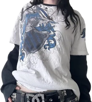 Women Y2K Grunge T Shirt Emo Aesthetics Graphic Tops Teen Girl Vintage Baggy Goth Tops Harajuku Punk Grunge Clothes