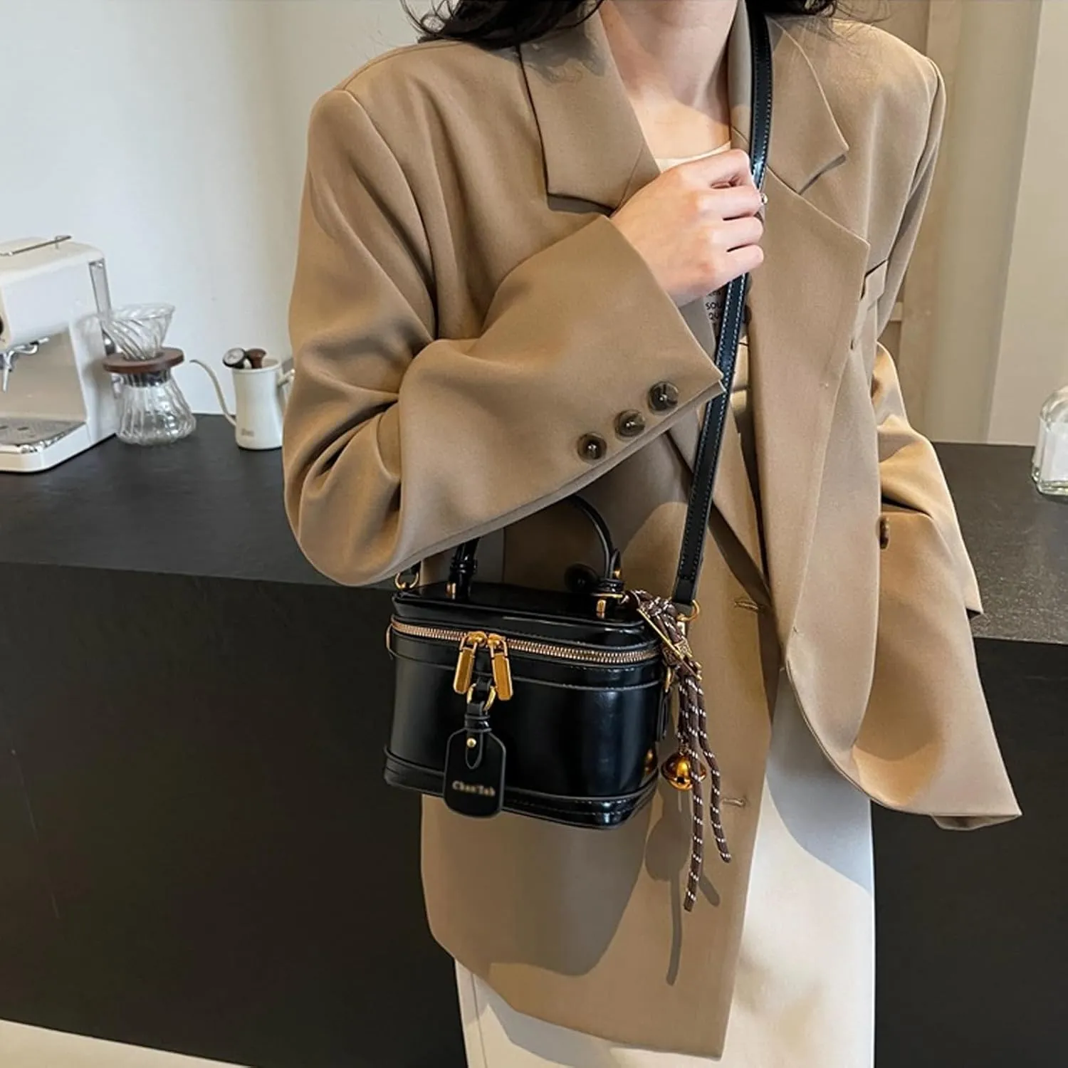 Women's Elegant Minimalist Handbag, Fashion Vintage PU Box Shape Handbag Crossbody Shoulder, Cute Tote bag with Bell