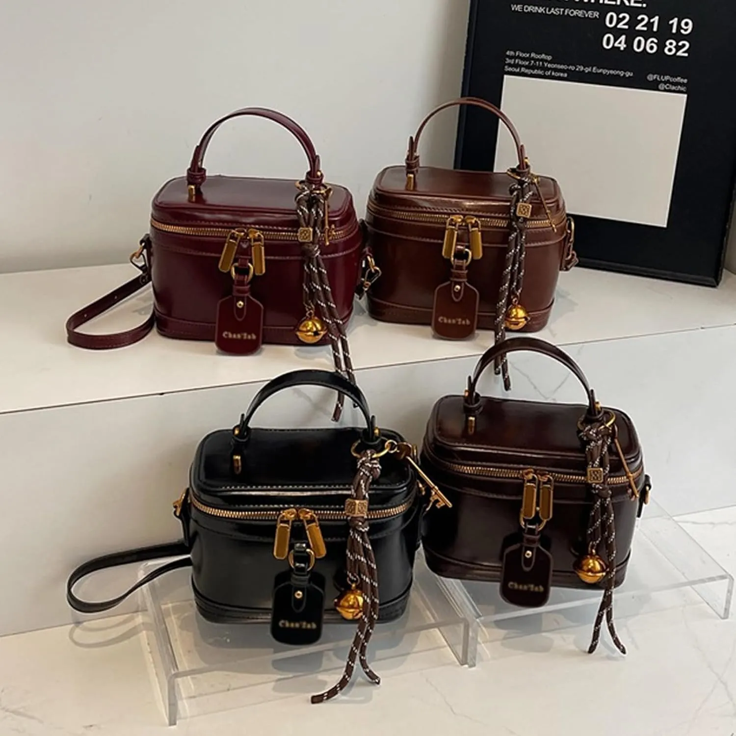Women's Elegant Minimalist Handbag, Fashion Vintage PU Box Shape Handbag Crossbody Shoulder, Cute Tote bag with Bell