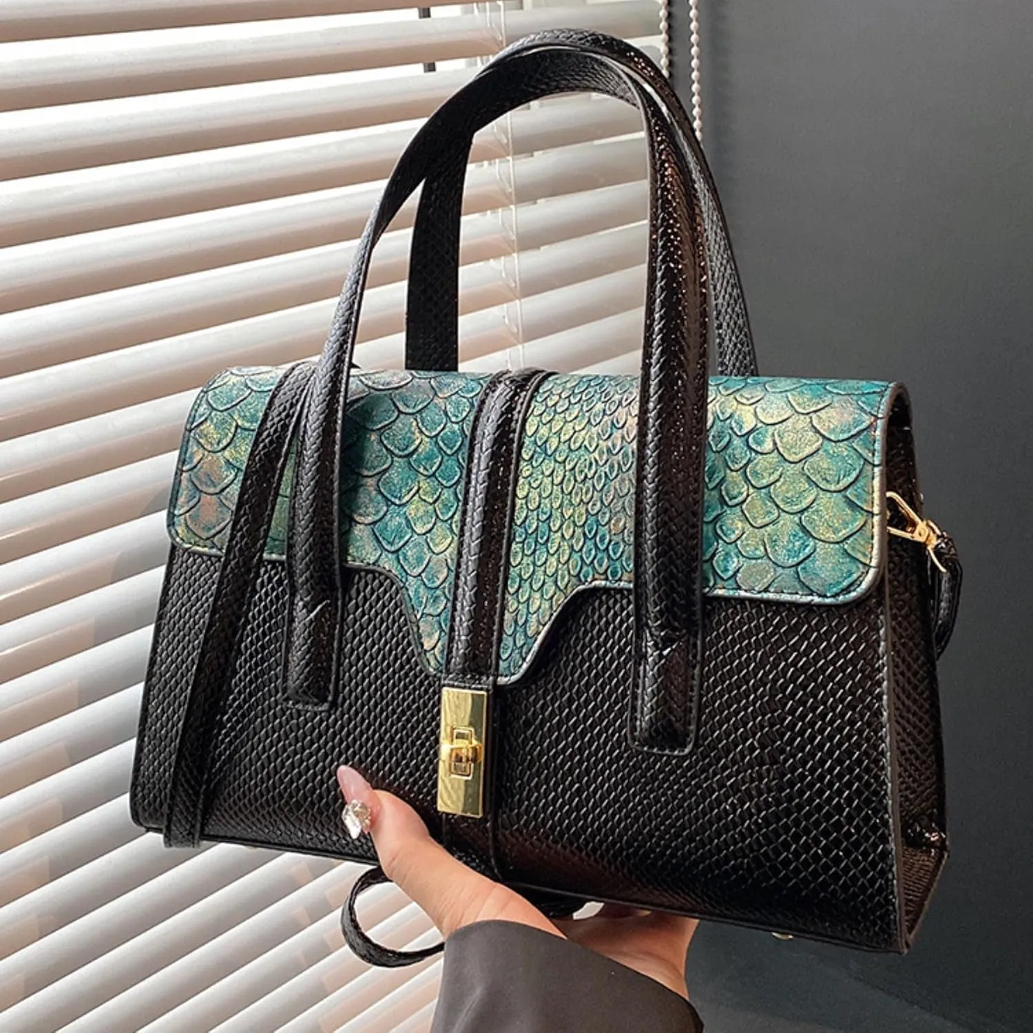 Womens Fashion Snakeskin Evening Handbag Top Handle Clutch Purse Chain Shoulder Cross-body Bag