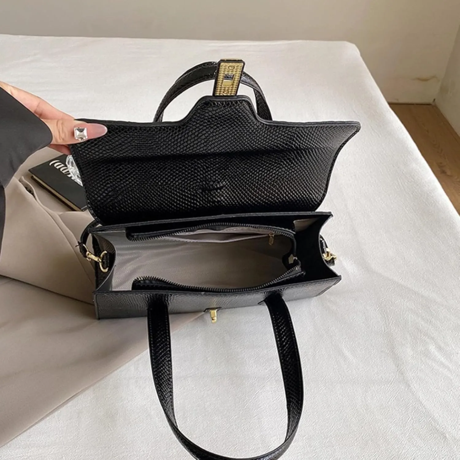Womens Fashion Snakeskin Evening Handbag Top Handle Clutch Purse Chain Shoulder Cross-body Bag