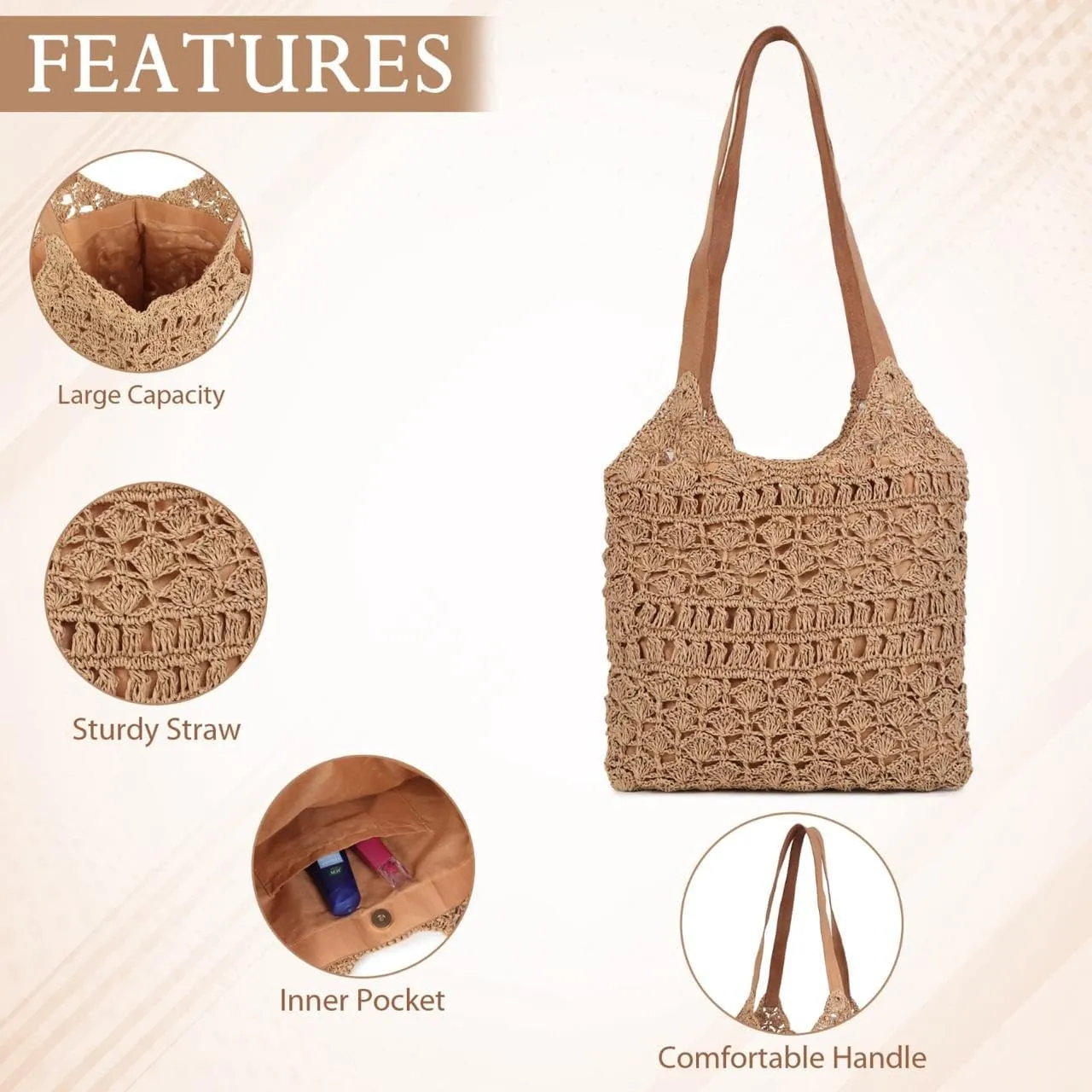 Women's Handmade Cotton Tote Bag – Bohemian Shoulder Bag, Spacious Hand-Crochet Vintage Knitted Shopping Bag
