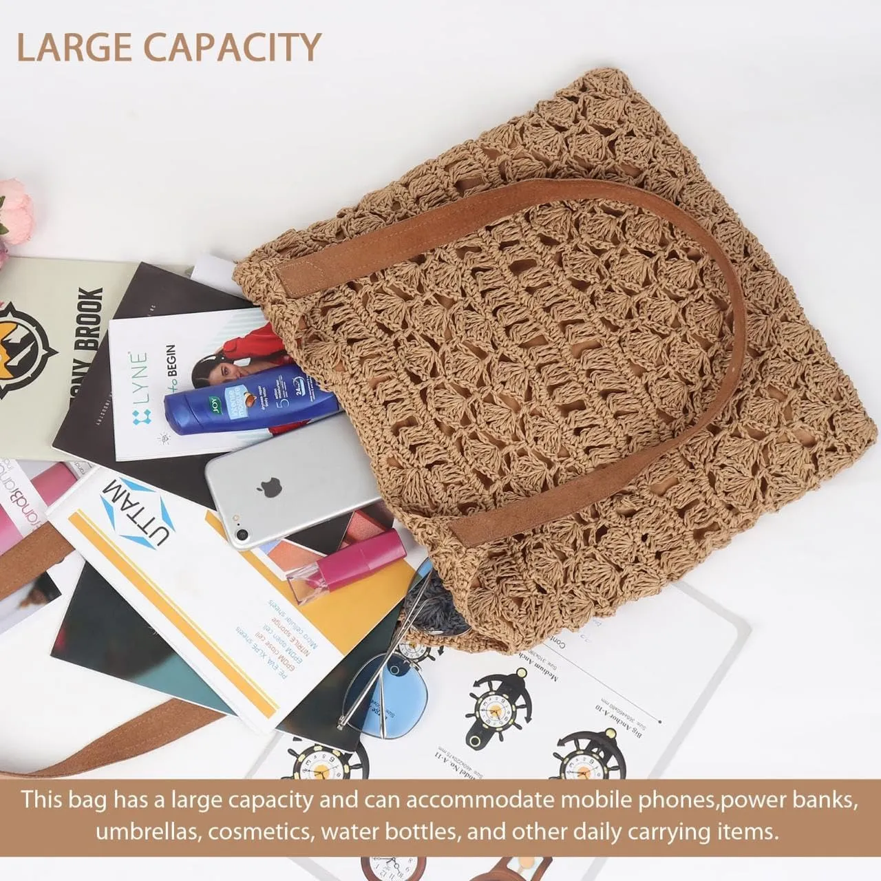 Women's Handmade Cotton Tote Bag – Bohemian Shoulder Bag, Spacious Hand-Crochet Vintage Knitted Shopping Bag