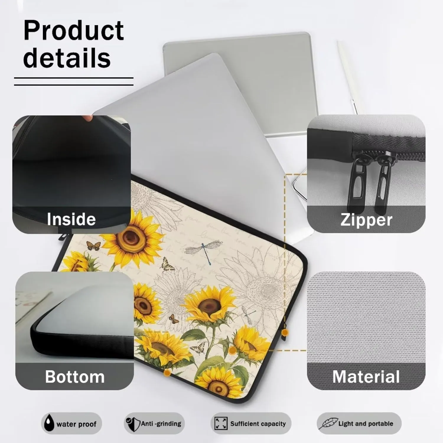 Women's Laptop Sleeve 17 inch, Retro Sunflower Polyester Computer Carrying Bags for Men Dust Proof Protective Case Office Briefcase Handbag with Zipper for Travling