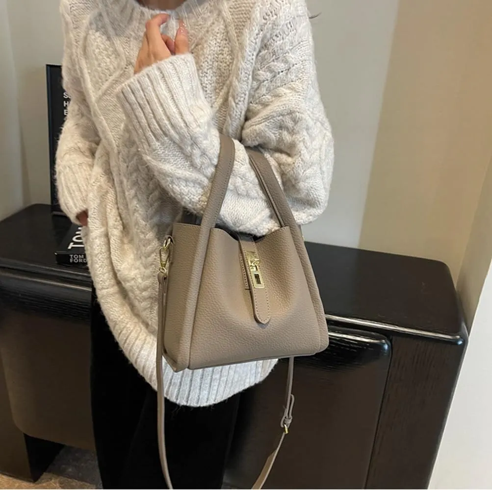 Women's Leather Tote Handbag with Zipper Closure, Shoulder Backpack Stylish Vintage Bucket Bag Crossbody Bag
