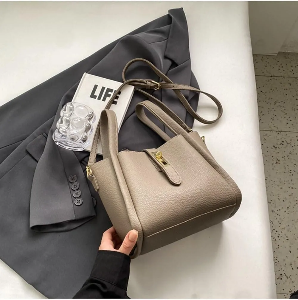 Women's Leather Tote Handbag with Zipper Closure, Shoulder Backpack Stylish Vintage Bucket Bag Crossbody Bag