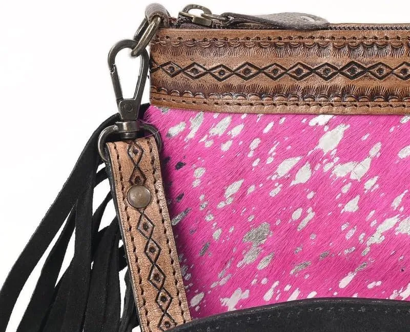 Women's Natural Cowhide Leather Jaguar Printed Small Crossbody Bag Handtooled Leather Strap with Multipocket
