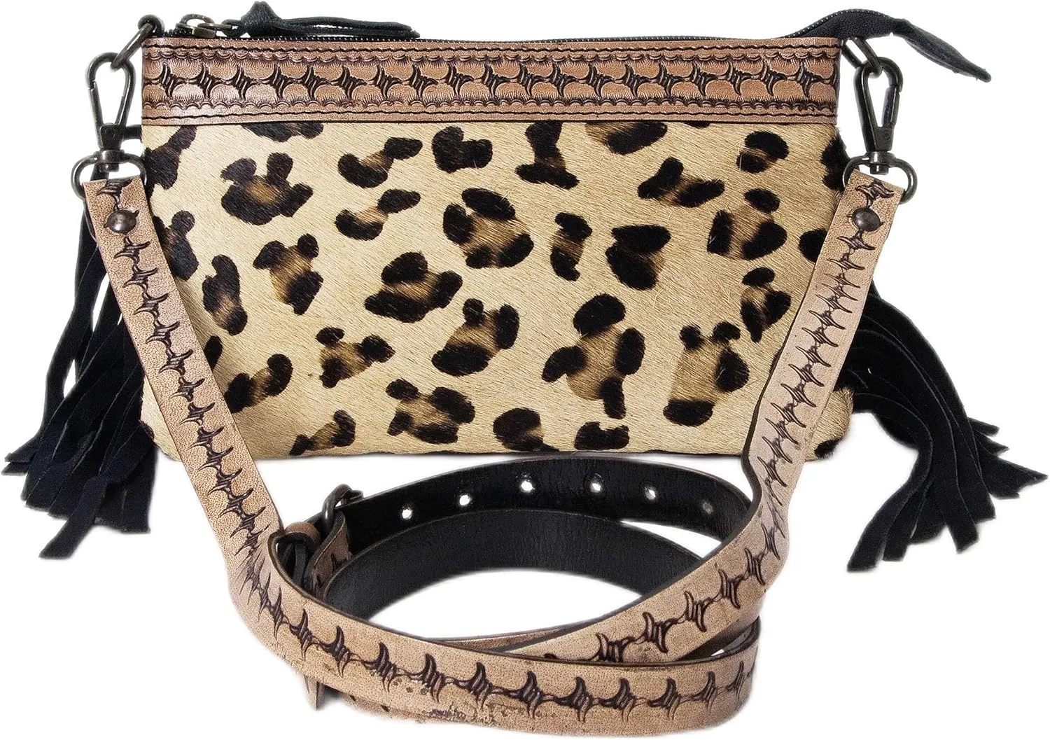 Women's Natural Cowhide Leather Jaguar Printed Small Crossbody Bag Handtooled Leather Strap with Multipocket