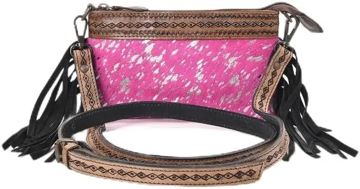 Women's Natural Cowhide Leather Jaguar Printed Small Crossbody Bag Handtooled Leather Strap with Multipocket
