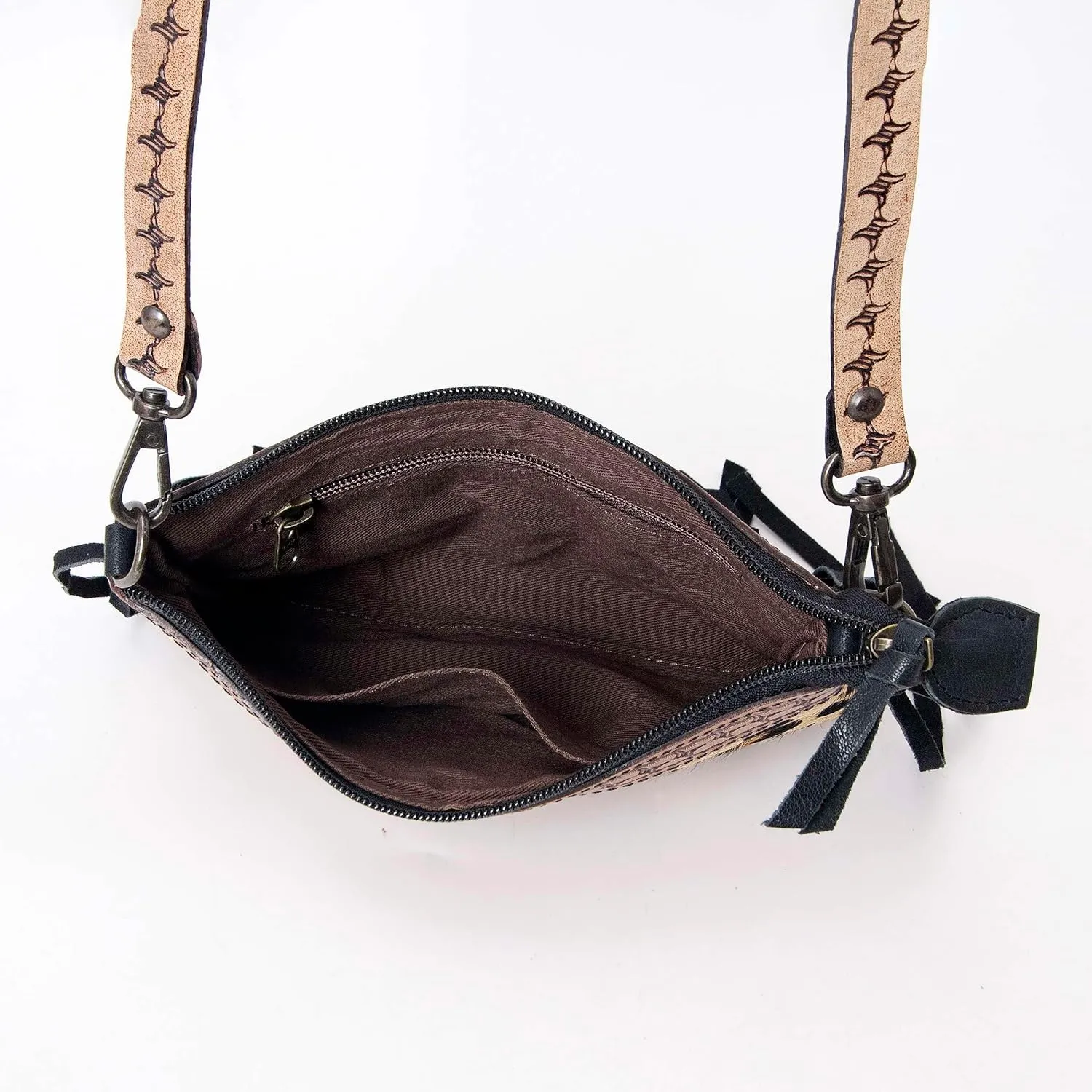 Women's Natural Cowhide Leather Jaguar Printed Small Crossbody Bag Handtooled Leather Strap with Multipocket