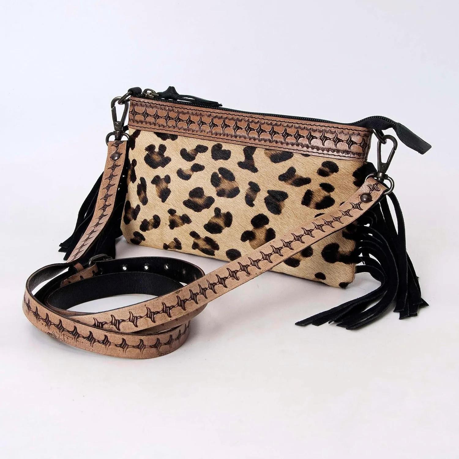 Women's Natural Cowhide Leather Jaguar Printed Small Crossbody Bag Handtooled Leather Strap with Multipocket