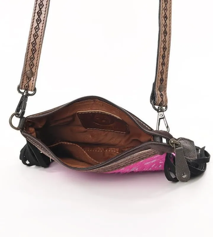 Women's Natural Cowhide Leather Jaguar Printed Small Crossbody Bag Handtooled Leather Strap with Multipocket