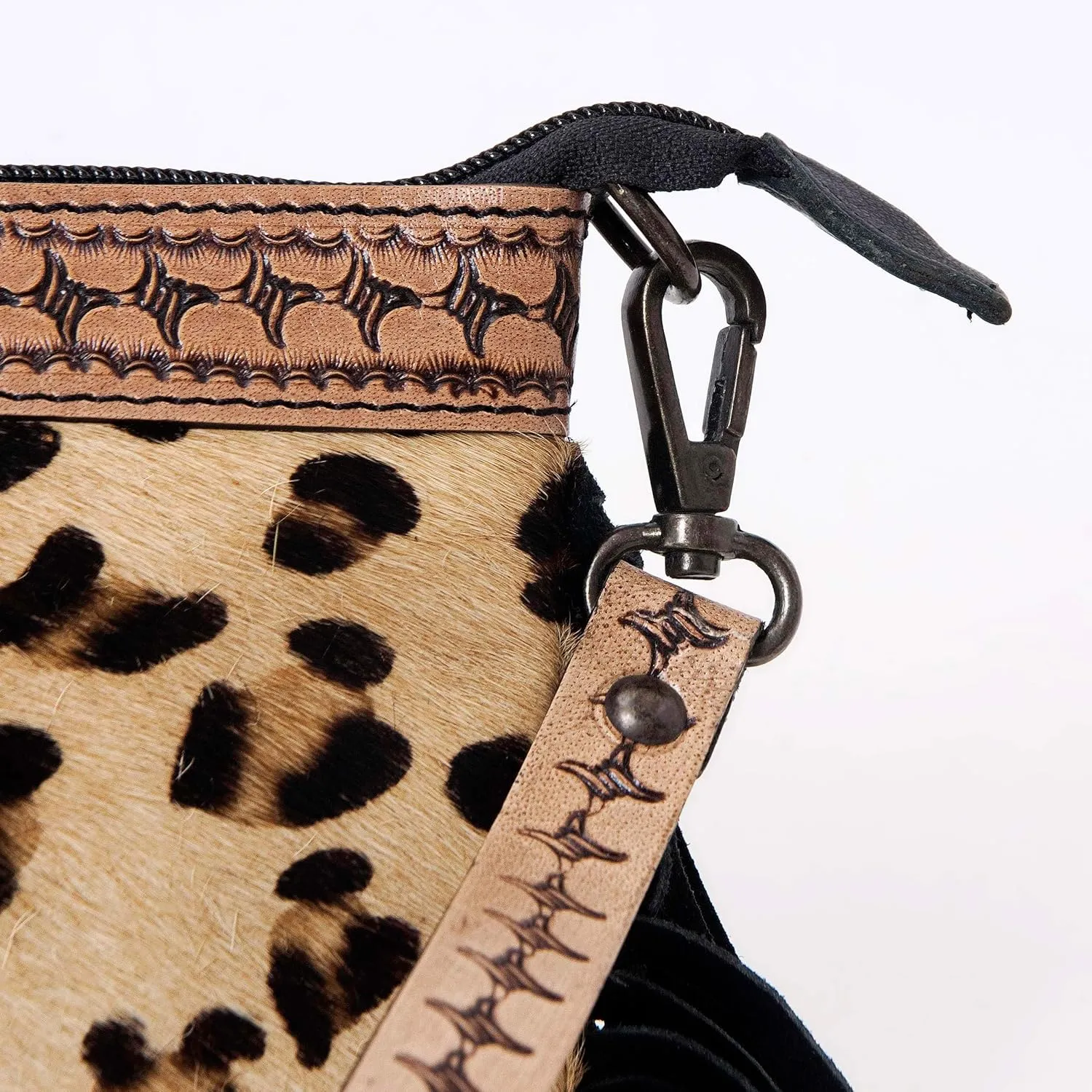 Women's Natural Cowhide Leather Jaguar Printed Small Crossbody Bag Handtooled Leather Strap with Multipocket