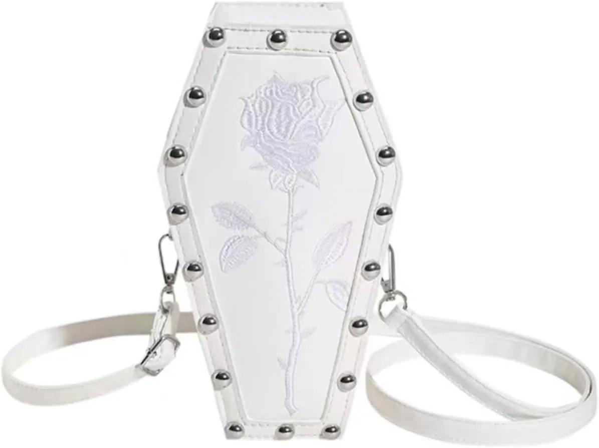 Womens Novelty Coffin Shape Shoulder Bag Halloween Vintage Gothic Embroidery Rose Crossbody Bag Alt Emo Small Purse (White)
