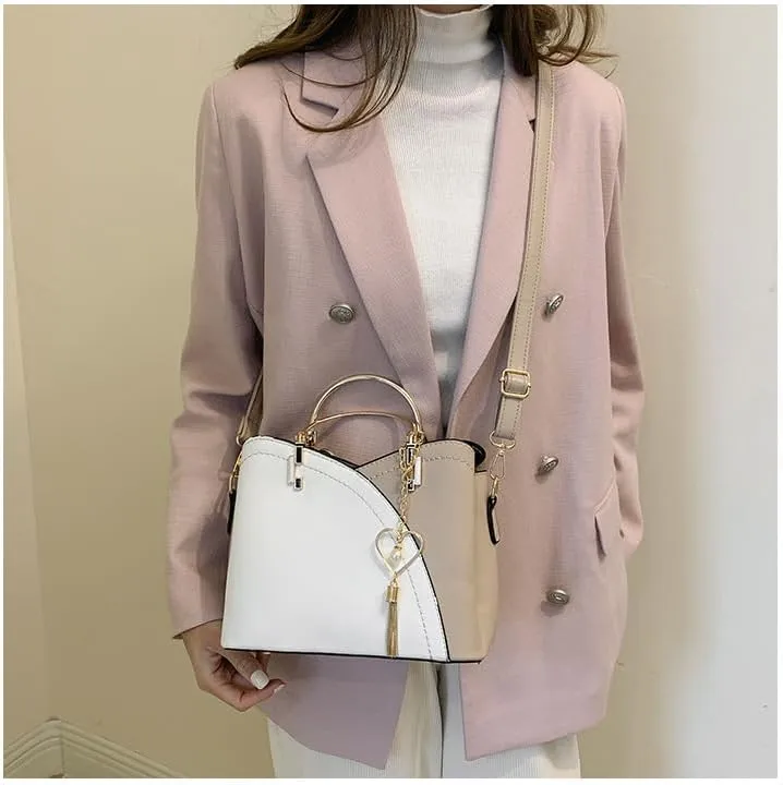 Women's Patchwork Tote Bag Stylish Contrasting Shoulder Bag Fashion Top Handle Tassels Bags Color Block Cute Purse